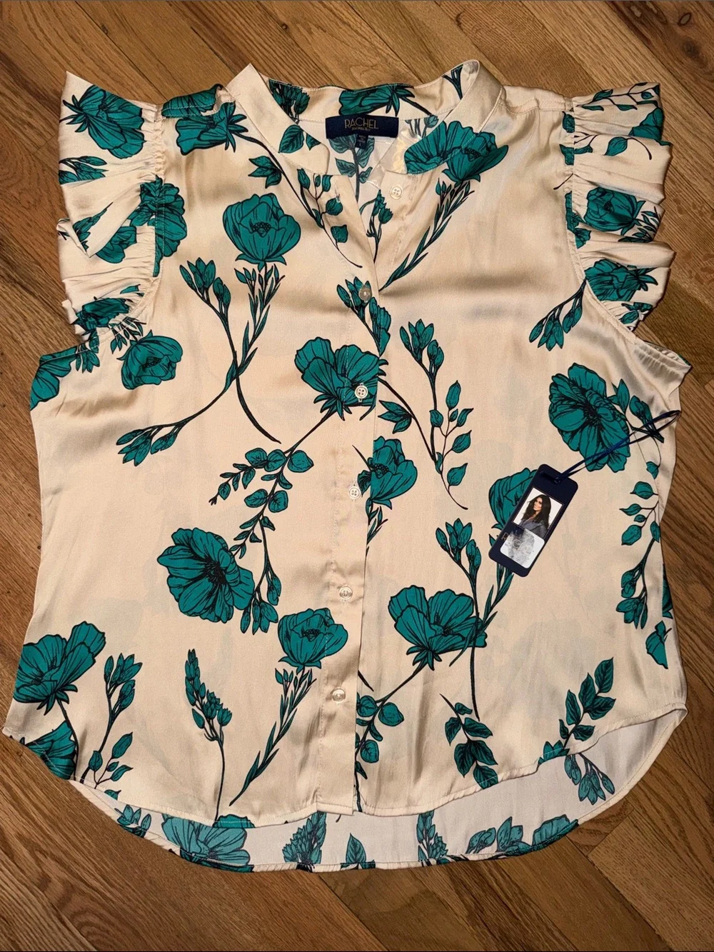 RACHEL Rachel Roy Teal Floral Ruffle Sleeve Blouse on Cream Base Size L NWT - Picture 1 of 6